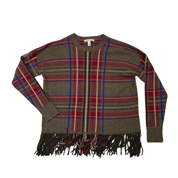 Autumn Cashmere L Large brown plaid 100% Cashmere sheepskin fringe sweater EUC - Picture 1 of 3